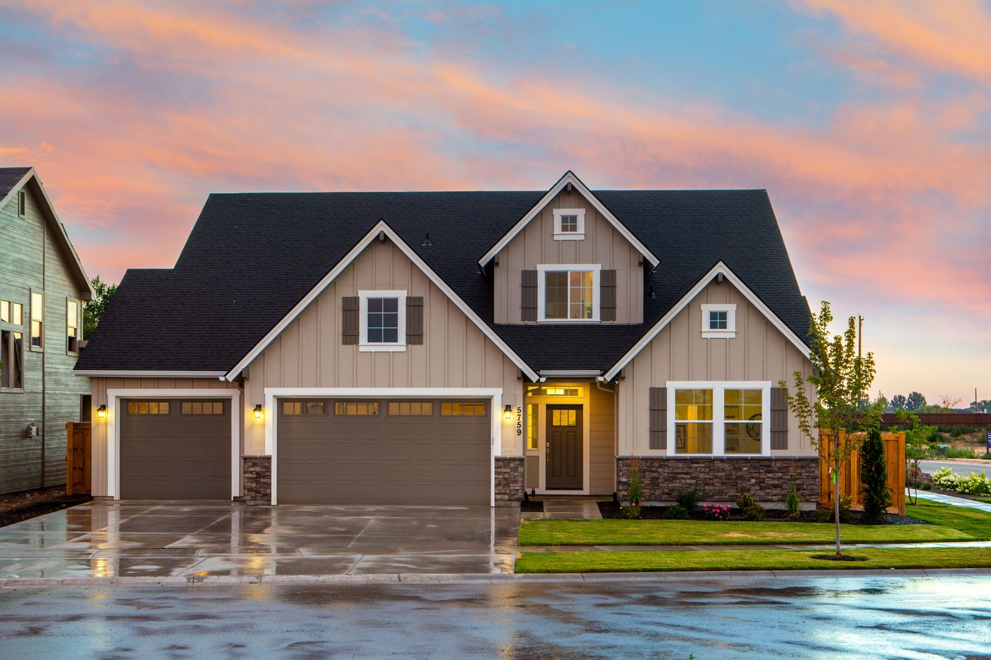A family home glowing at golden hour